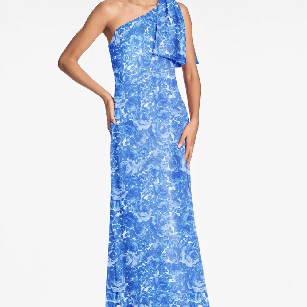 Sachin + Babi Asymmetrical Blue and White Ruffled Gown